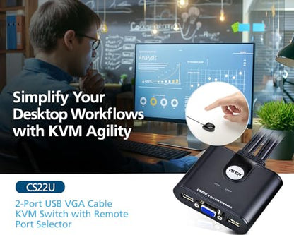 ATEN CS22U 2-Port USB VGA Cable KVM Switch with Remote Port Selector - size: VGA - DDC2B, style: US Version