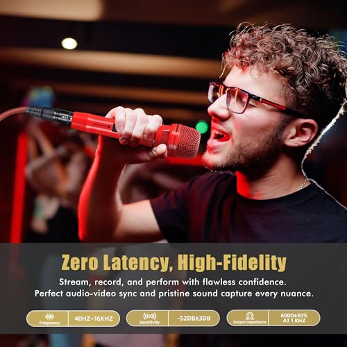 Dynamic Microphone - Professional Vocal Microphone for Singing - Premium Handheld Wired Mic with 16ft XLR to 1/4" Audio Cable - Microfono for Speaker, Mixer, Amplifier & Karaoke Machine - color: A-Red