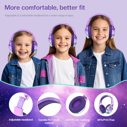 QearFun Kids Bluetooth Headphones, 60H Playtime, 74/85/94dB Volume Limit | For school, tablet, travel, kids wireless headphones feature HD mic, fast charging, foldable design, boys girls, wired mode - color: Purple