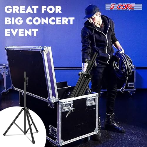 5 Core Speaker Stand Universal Mount Steel Construction 132 Lbs Capcity Stable Tripod w/Adjustable Height 72” w 35mm Compatible Insert Metal Safety Pin Black