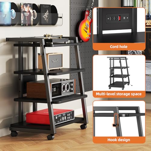 CABTE Mobile AV Media Stand with Outlets and 4 Rolling Caster Wheels | 4-Tier Rolling TV Stand for Gaming Console, Stereo, DVD Player, Sturdy Metal Frame, Versatile Living Room,Bedroom (Black) - color: Black