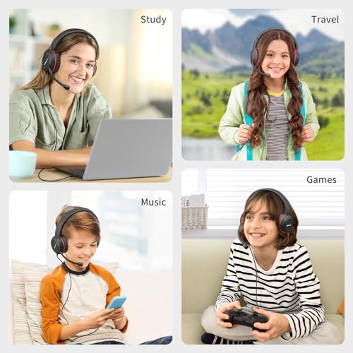 SIMOLIO Wired Headphones for School with Microphone, Stereo Kids Headphone with Flexible Swivel Boom Mic for Student K12 & Teacher & E-Learning, 3 Levels Volume Limiter Gaming Headsets for Boys, Girls - color: Black