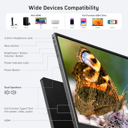 Anyuse 18.5" 100Hz FHD IPS USB-C HDMI Portable Monitor | 18.5" FHD IPS 100Hz, built-in stand & dual speakers, USB-C/HDMI, for PC/Phone/PS5/Xbox/Switch, travel gaming. - size: 18.5''