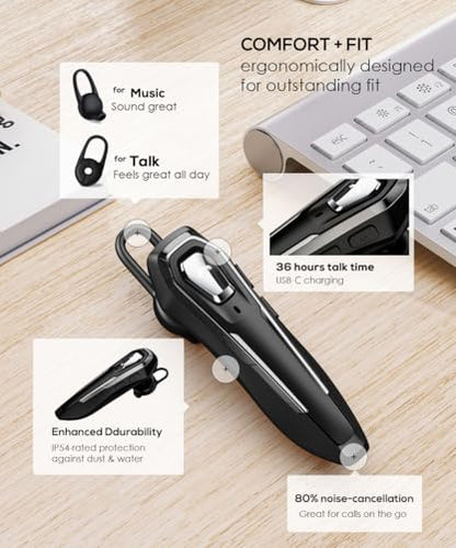 Wireless Headsets V5.4 with Noise Canceling Mic Single Earphones Bluetooth Headset 36Hrs Talking Time Wireless Bluetooth Headphones for Driving Black