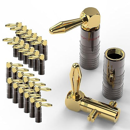 FosPower Right Angle Banana Plugs (12 Pairs / 24 pcs), Closed Screw 24K Gold Plated Banana Speaker Plug Connectors for Speaker Wire, Wall Plate, Home Theater, Audio/Video Receiver, and Sound Systems | 24K Gold Plated, Compatible with Speaker Wire, Wall Pl