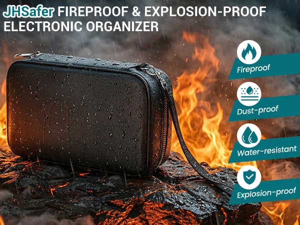 Fireproof Electronics Organizer Travel Case, Black | Water Resistant Tech Accessories Pouch, Explosion-proof Cord Storage Bag, Fireproof Zipper for Phone, Power Bank, Cables, USB