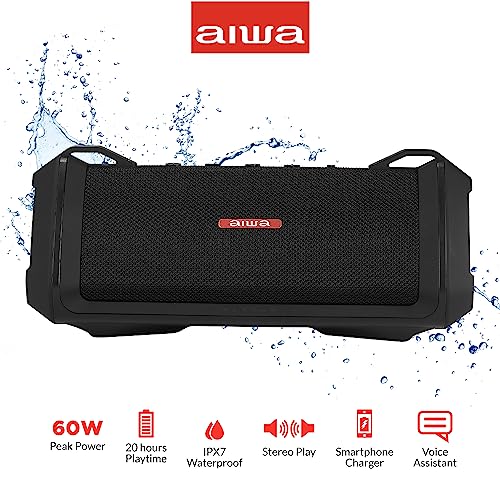 AIWA Exos-3 Waterproof Bluetooth Speaker, 60W Peak Power, 20-Hour Playtime, Stereo Sound, USB-C Charging, IPX7 Waterproof, Wireless Pairing, Perfect for Outdoor Adventures