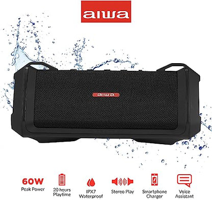 AIWA Exos-3 Waterproof Bluetooth Speaker, 60W Peak Power, 20-Hour Playtime, Stereo Sound, USB-C Charging, IPX7 Waterproof, Wireless Pairing, Perfect for Outdoor Adventures