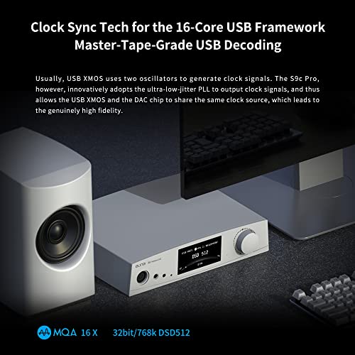 aune S9c Pro DAC with Headphone Amp, 10MHz Clock Input, 32bit/768kHz/DSD512/MQA, Dual-DAC Chip, 6.35/XLR/4.4 Jack, PLL/Clock Sync Tech/Twin JFET, for PC/Speaker/Home Audio (Black) - color: Black