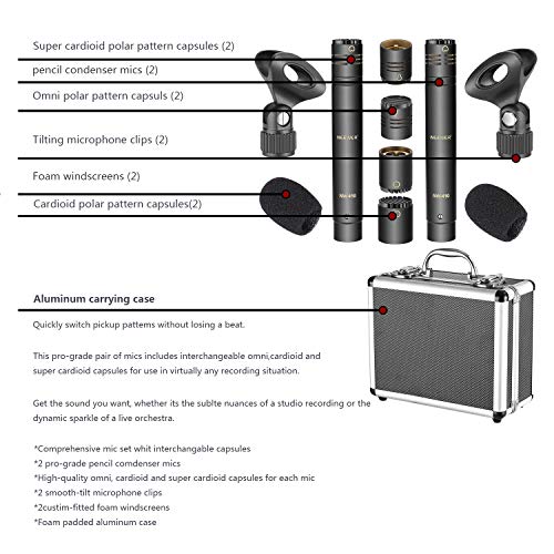 NEEWER 2-Pack Pencil Stick Condenser Mic w Interchangeable Omni Cardioid | With Super Cardioid Capsules, Foam Windscreens, Mic Clip, and Carrying Case, for Acoustic Woodwind Instruments