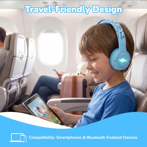 Kids Safe Wireless Light Up Headphones, Foldable Tangle-Free 3.5mm Jack, Volume Limiting 85/94dB, Over-Ear with Microphone for School/Toddlers/Teens/Boys/Girls/Ipad/Tablet/Kindle/Phones/Travel/Plane - color: Blue