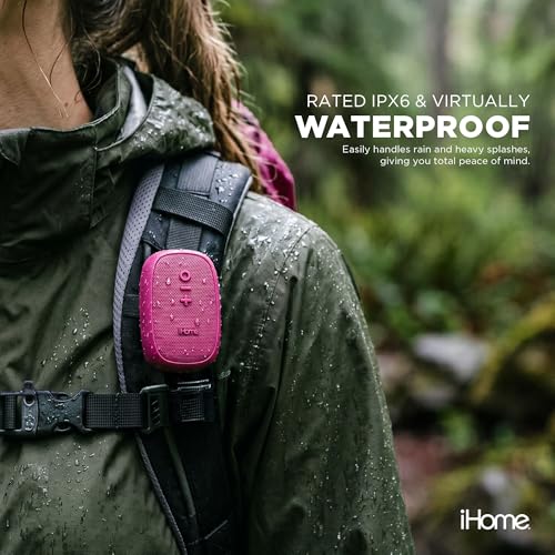 iHome Nano Clip-On Wireless Bluetooth Speaker with Magnetic Clip | Bluetooth 5.3, IPX6 Water-Resistant, Touch Controls, 5W, 2.5-hr Playtime, Charging Cable Included, Rechargeable Battery - color: Pink