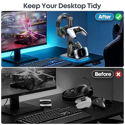 Gaming Headset & Controller Stand, Rotating Headphone Storage with 2 Controllers & Phone Holder, 9 RGB Modes Game Desk Storage for PS5/PS4/XBOX PC Gamer Essentials Organizer Gift Accessories - size: M-Black-RGB