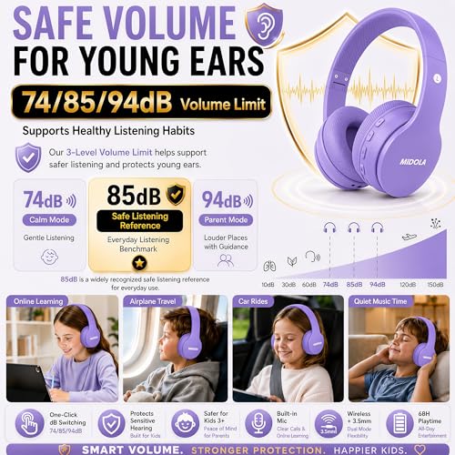 Kids Bluetooth Headphones Wireless 68 Hours,Safe Volume Limit 85/94dB | Adjustable Headband Foldable Over-Ear Lightweight for Toddler Girls Boys Tablet/iPad,HD Stereo,Built-in Mic,Light Purple - color: Light Purple