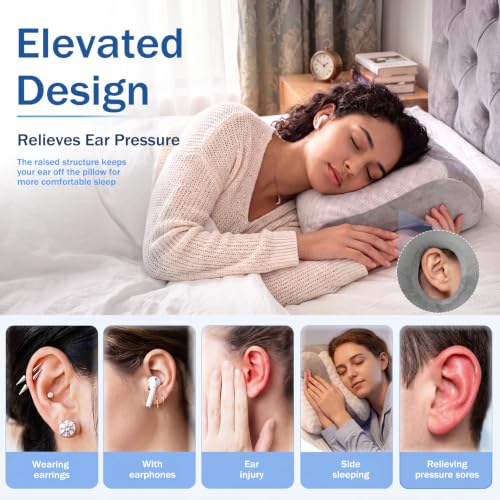 Youyole Grey Piercing Pillow for Side Sleepers, Ear Pillow Smooth Cooling Fabric, 11.8 x 9.8 x 4.7 Inch Raised for Sleeping with Earbuds, Earphones, Ear Pain, Pressure Relief Comfortable Sleeping - color: Grey