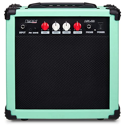 LyxPro Electric Guitar Amp 20 Watt Amplifier Built in Speaker Headphone Jack and Aux Input Includes Gain Bass Treble Volume and Grind - Green - color: Green, size: 20 Watt