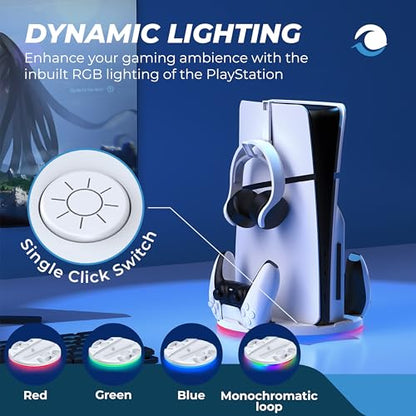 Stand with Dual Controller Charger for PS5 Slim – Vertical Console Stand with Headset Hook for PlayStation 5 - Cool RGB Lights - Efficient Charging - Charging Station for Dualsense and Edge Gamepad