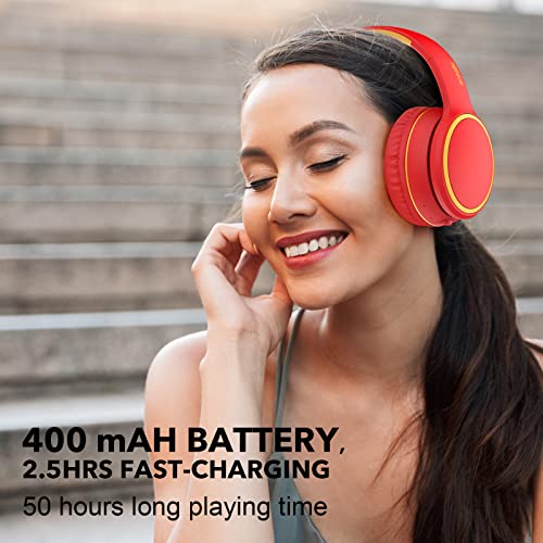 B10 Wireless Bluetooth Over-Ear Headphones, Lightweight Folding Stereo Bass Headset with Mic, 50H Playtime, Volume Control, Bluetooth 5.3 Headphones for iPad/Travel/Tablet/PC (Red) - color: Red