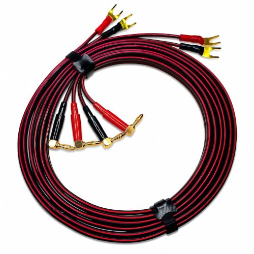 13 AWG OFC Braided Speaker Cable 6ft 2-Pack, 90 Degree Angled Gold Plated Banana Plug to Spade, for Audiophile Bookshelf Floor-Standing Speaker, Amplifier AV Receiver Home Theater Stereo System