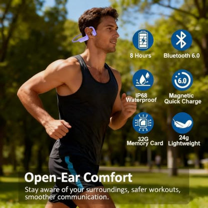 Swimming Headphones Underwater, IP68 Waterproof Bone Conduction Headphones, Bluetooth 6.0 Open Ear Swim Earbuds with 32GB Built-in MP3,Adjustable Headband for Swim Cap/Hat,Dual Device Pairing (Purple