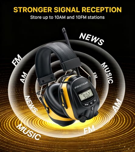 Digital AM FM Radio Headphones, Hearing Protection Earmuff for Adult, 30dB SNR for Mowing, Construction, Chainsaw - color: Yellow