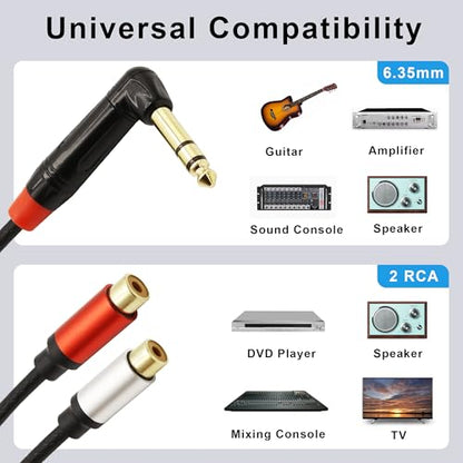 1/4 inch to Dual RCA Audio Cable 1.6ft, Gold Plated Right Angle 6.35mm Quarter inch Male TRS Stereo Plug to 2 RCA Phono Female Audio Y Splitter Cable,0.5m - size: 0.5M/1.6ft