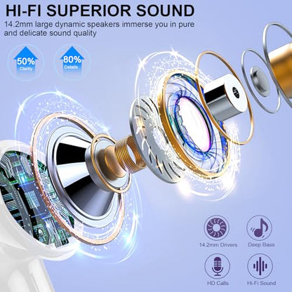 Wireless Earbuds Bluetooth Headphones, 2025 Hi-Fi Stereo Deep Bass Ear Buds, 4 ENC Noise Cancelling Mic, USB Fast Charging in-Ear Earphones, IP7 Waterproof Workout Sport for Laptop Pad Android iOS - color: Rose Gold