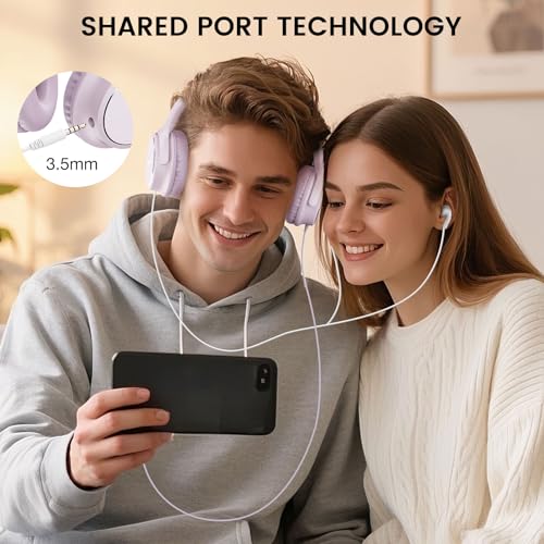 USB C Wired Over-Ear Headphones with Microphone | Volume Control, Share Port, Adjustable Headband Foldable Stereo Headset for Adult/Teens for iPhone 16, Laptop, Gaming, Travel - color: Pink