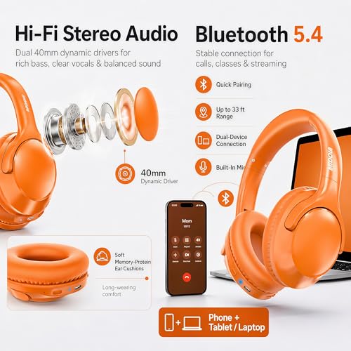 MIDOLA Bluetooth Headphones Wireless 68H with Mic,Decent Sound-Acceptable | Adjustable Headband Foldable Over-Ear Lightweight for Office/Travel/Tablet/iPad/Laptop,HD Stereo Sound,Aux 3.5mm Orange - color: Orange