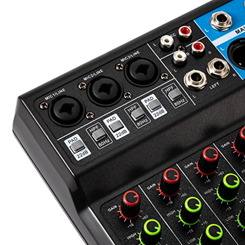 Professional Mini Audio DJ Mixer, 5 Channel Bluetooth Controller Sound Board Console System, USB Interface, 2 XLR Mic/Line, MP3 Player w/48V Phantom For Karaoke Stereo live Studio Streaming Recording