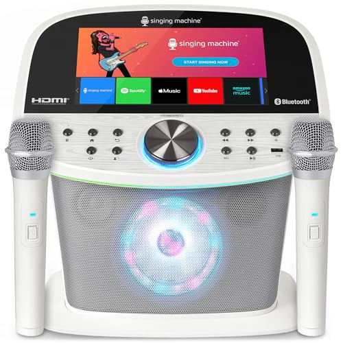 Singing Machine Karaoke Machine Screen, WiFi, Music Apps, 2 Microphones | Portable Karaoke Machine/Speaker for Adults & Kids, Ideal for House Parties, Compatible with YouTube & Spotify - color: white