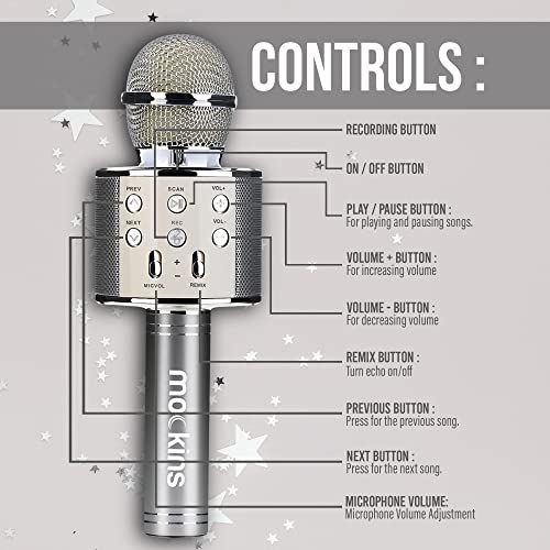 Mockins Silver Bluetooth Karaoke Microphone for Kids with Built in Wireless Speaker| Wireless Microphone Karaoke Compatible with iOS & Android | All-in-One Mic - color: Silver