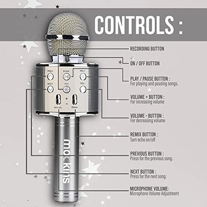Mockins Silver Bluetooth Karaoke Microphone for Kids with Built in Wireless Speaker| Wireless Microphone Karaoke Compatible with iOS & Android | All-in-One Mic - color: Silver