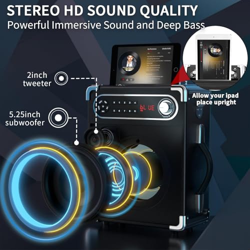 Karaoke Machine with 4 Wireless Microphones, Portable Bluetooth 5.1 Speaker for Adults Kids with LED Lights, Bass/Treble Adjustment, PA System with Remote Control, Supports FM/AUX/USB/TF for Party