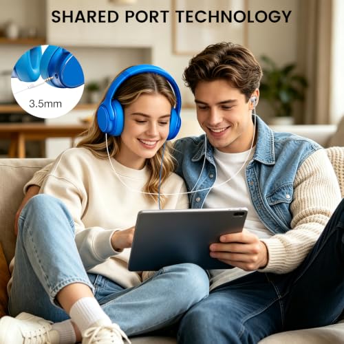 USB C Wired Over-Ear Headphones with Microphone | Volume Control, Share Port, Adjustable Headband Foldable Stereo Headset for Adult/Teens for iPhone 16, Laptop, Gaming, Travel - color: Sky Blue