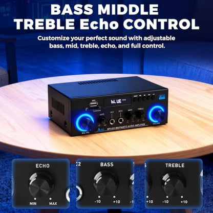 Romicta AK50 Stereo Audio Amplifier, 2 Channel 400W Bluetooth 5.0 Home Audio Stereo Receiver with FM, Echo, AUX, USB, SD, MIC Inputs, Power Amplifier for Passive Speakers and Active subwoofer