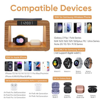 Bamboo Wireless Charging Station, 5 in 1 Charging Station with Light & Alarm Clock for Samsung & Android Phone, Wireless Phone Charger Station Only for Samsung Watch