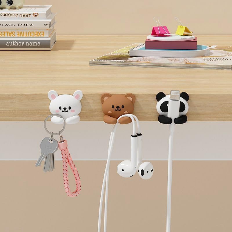 6pcs Cute Animal Cable Organizer Adorable Panda Rabbit Bear Shaped Cable Clips Desk Cable Management Cord Holder for Nightstand Headphones Chargers USB Cables