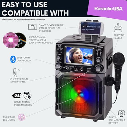 Portable Karaoke Machine with Lyrics Display | Color Screen | CD+G, MP3+G & USB MP3 | Wireless Bluetooth Speaker with Built-in Rechargeable Battery and LED Flashing Lights | Includes Wired Microphone - style: Updated Version
