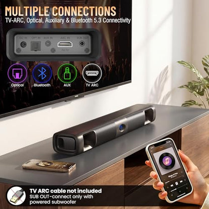 Sound Bar for Smart TV, 60W Deep Bass Soundbar with Clear Voice | Bluetooth 5.3/Optical/Auxiliary Inputs, Dual Bass Drivers, Surround Sound, Slim Wall Mount Design for TV/PC/Gaming/Projector