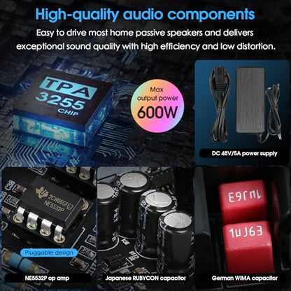 Nobsound 300Wx2 Stereo Amplifier with Phono Input - HiFi Class D Mini Power Amp for Home Theater, Turntables, Studio Monitor | TPA3255 Chip, RCA/MM Inputs, Bass/Treble Control (NS-13G MAX DC 48V)