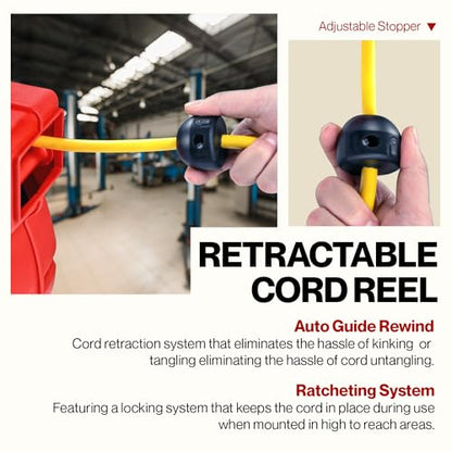 ReelWorks Extension Cord Reel Retractable 12AWG x 65' Foot | 3C/SJT Heavy Duty Commercial Cable Triple Tap Connector Power 15A 125VAC 1875W
