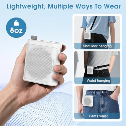 15W Wireless Voice Amplifier for Teachers, Dual Magnetic Lavalier Mics with Noise Reduction, Portable Bluetooth 5.3 PA System for Tour Guide Yoga, 15H Battery Waist-Mount Speaker, 98FT Range (White) - color: White