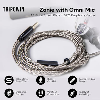 Linsoul Tripowin Zonie 16-Core Silver-Plated SPC IEM Cble w/Omni Mic | HiFi Wired Gaming Earbuds Cable, in-Ear Monitor Upgrade Cable, 1.25m Tangle-Free Wire for Audiophiles, 3.5mm,Recessed 2PIN - size: Recessed 2Pin, style: 3.5mm