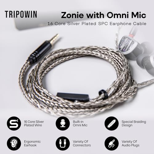 Linsoul Tripowin Zonie 16-Core Silver-Plated SPC IEM Cble w/Omni Mic | HiFi Wired Gaming Earbuds Cable, in-Ear Monitor Upgrade Cable, 1.25m Tangle-Free Wire for Audiophiles, 3.5mm,Recessed 2PIN - size: Recessed 2Pin, style: 3.5mm