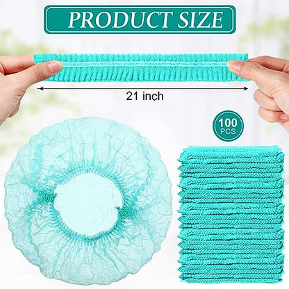 100 Pcs Disposable Nonwoven Bouffant Caps 21 Inch Hair Net Elastic Cap Hair Cover Hats for Beauty Salon Hospital Spa Catering Dust-free Workspace(Green) - color: Green