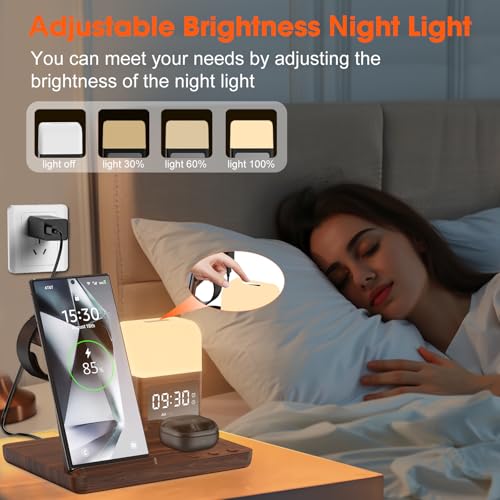 Wireless Charger for Samsung/Android Charging Station, 6 in 1 Fast Watch Charger with Alarm Clock-Night Light, Compatible for Galaxy S25 Ultra/S24, Only for Samsung Watch8/7, Galaxy Buds3 Pro(Walnut) - color: Walnut