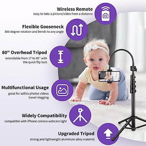 80" Phone Tripod, Selfie Stick, Aluminum Cellphone Tripod Stand | for Video Photo Vlog, Travel Tripods with Gooseneck Remote Phone Holder, Compatible with iPhone Android Smartphone - size: 80 Inch