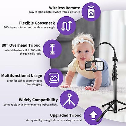 80" Phone Tripod, Selfie Stick, Aluminum Cellphone Tripod Stand | for Video Photo Vlog, Travel Tripods with Gooseneck Remote Phone Holder, Compatible with iPhone Android Smartphone - size: 80 Inch
