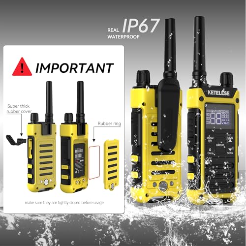 T3F Walkie Talkies 6 Pack for Adults, IP67 Waterproof 2 Way Radios Rechargable, with Earpiece and Mic, Shock Resistant, Dual PTT, One Key Group Call, VOX, NOAA&Wheather Alert, Black/Yellow